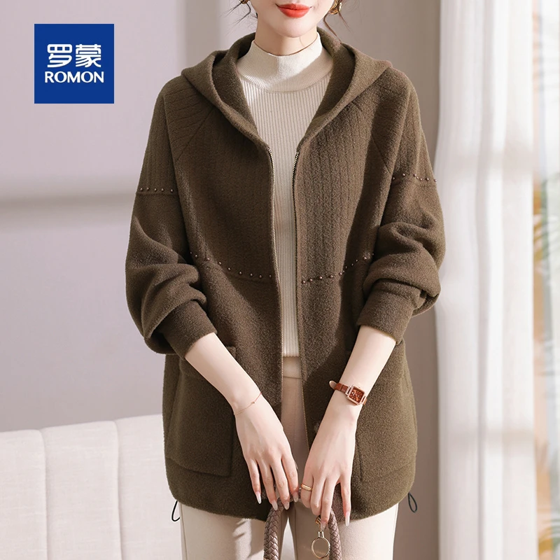 罗蒙气质妈妈春秋装毛呢外套女新款时尚休闲连帽中老年人高档上衣