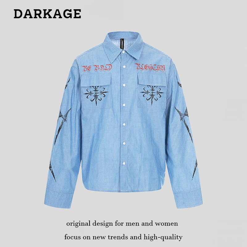 美式潮牌印花竖条纹翻领休闲长袖衬衫男女2026年春季新款潮流衬衣