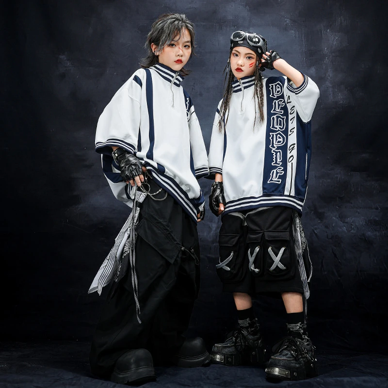 街舞儿童潮服嘻哈男童中袖立领舞蹈表演服套装hiphop女童走秀潮装