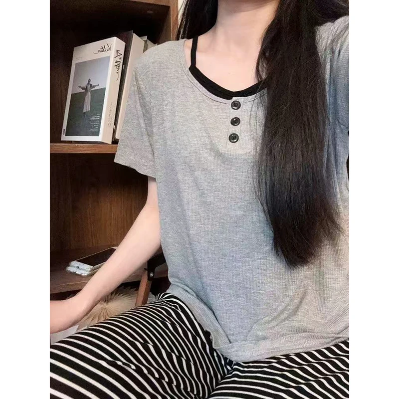 夏季新款假两件灰色短袖带杯垫睡衣氛围感透气舒适套装2226