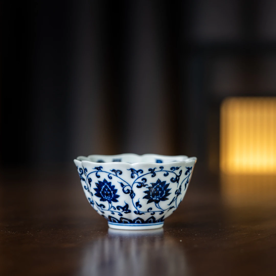 缠枝莲六方花口杯110cc（内外满绘）纯手工手绘moshe69