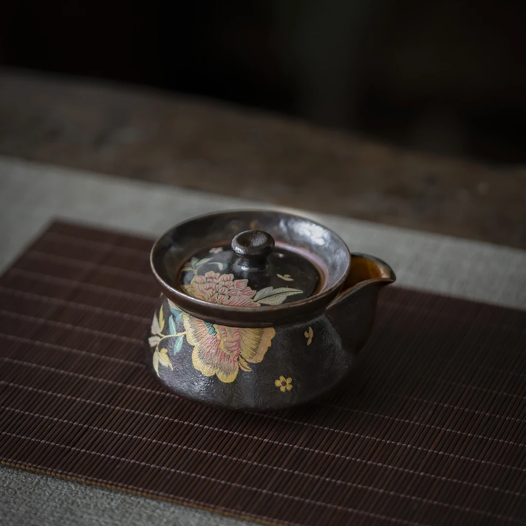 荼梦令志野烧手绘牡丹缂丝手抓壶陶瓷功夫茶具