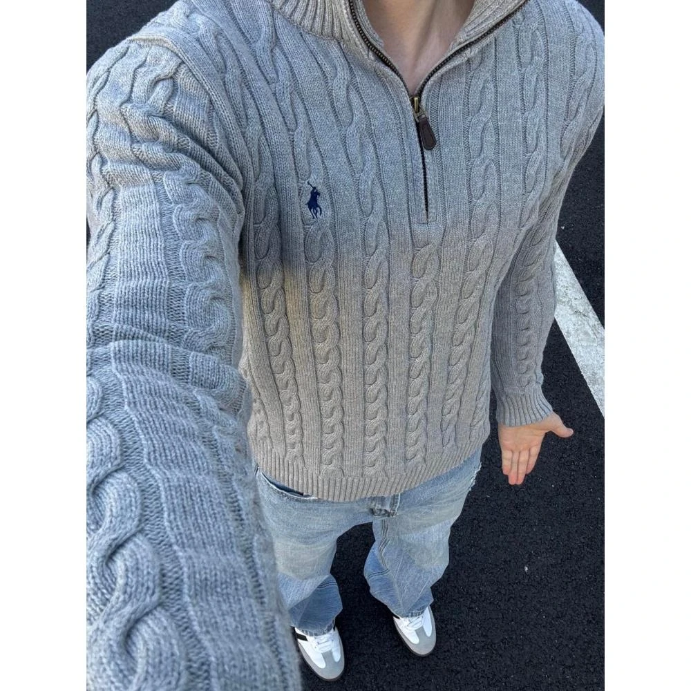 美式覆古灰色开衫毛衣男秋冬慵懒风高级感cleanfit立领针织衫外套