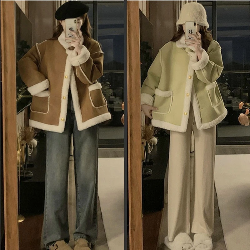 大码胖mm皮毛一体加绒保暖外套冬季新款韩系时尚鹿皮绒机车服棉服