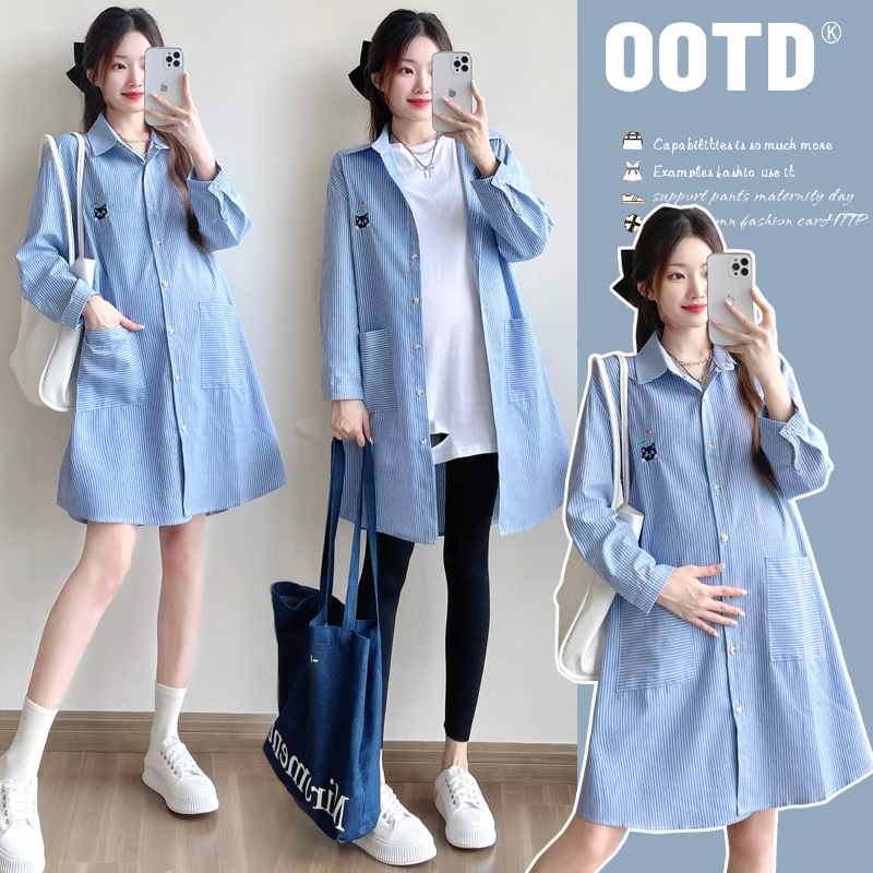 孕妇春装上衣中长款衬衫裙2025新款小个子长袖宽松休闲条纹连衣裙