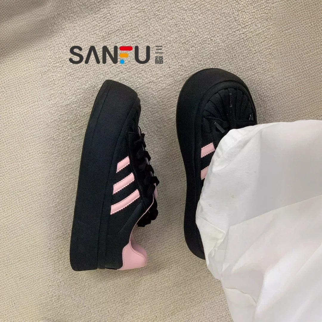 三福德训鞋女2025春季新款厚底板鞋女增高休闲鞋圆头松糕鞋小黑鞋