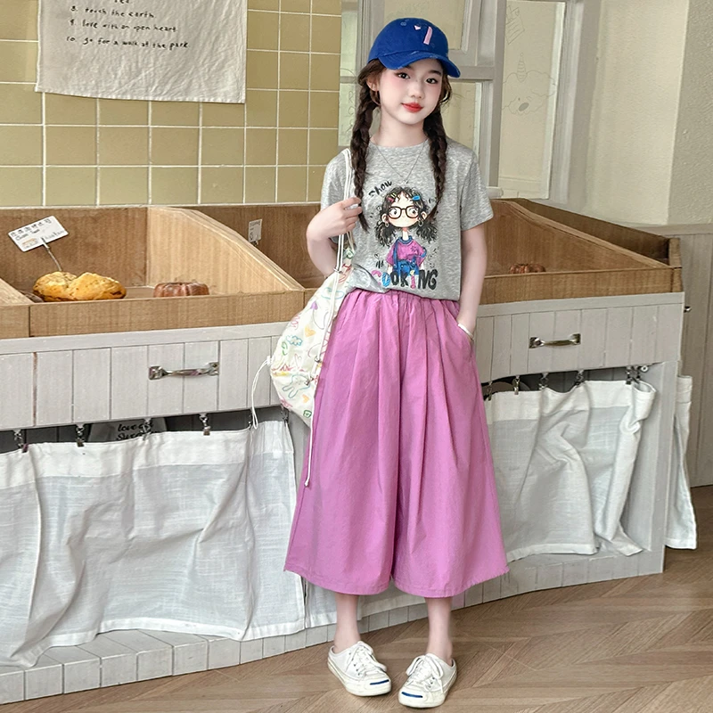 女童套装2025新款儿童卡通短袖T恤休闲薄款宽松七分阔腿裤两件套