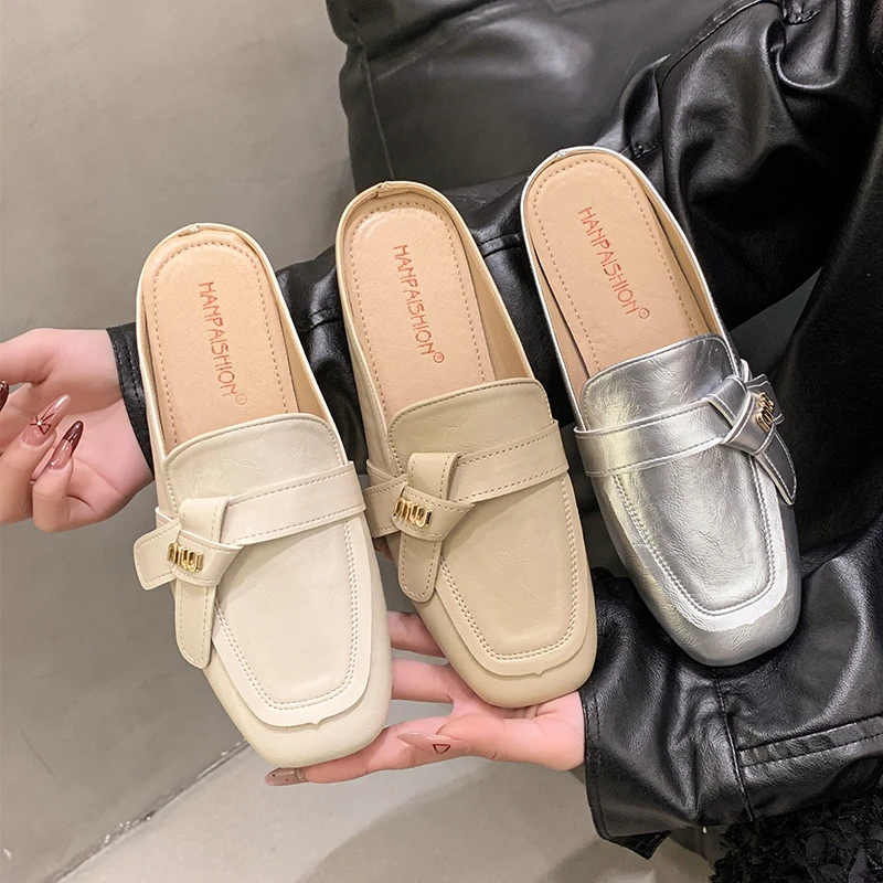 包头半拖鞋女2025夏季新款低跟方头外穿结穆勒鞋百搭休闲凉拖鞋