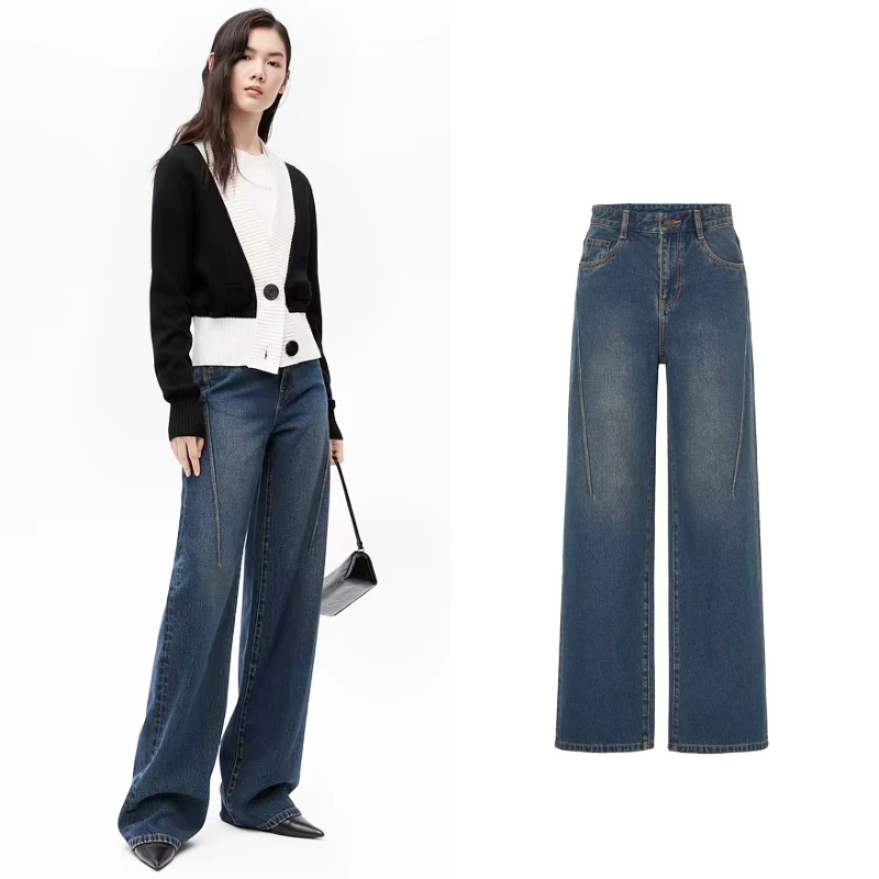 Z1020【M】高腰长直筒阔腿裤2025春季新款时尚深蓝色棉质牛仔裤女