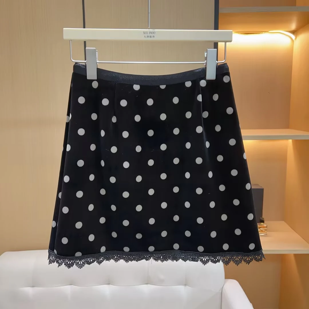 丨秋冬新款黑色高腰波点拼接蕾丝花边半身短裙 6223