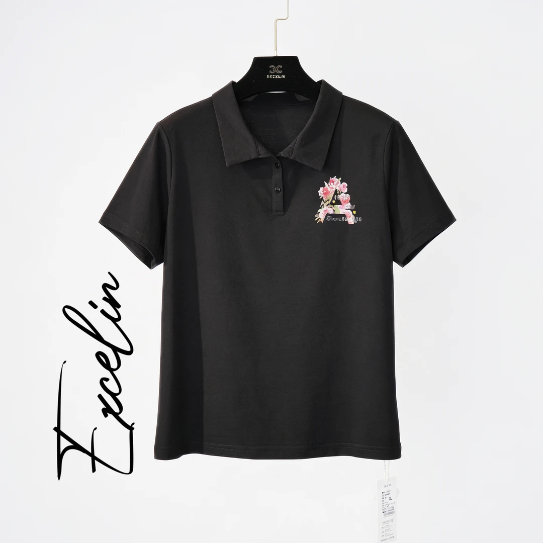 反季破价【翻领polo衫黑色印花A】夏季薄款显瘦减龄T恤女上衣