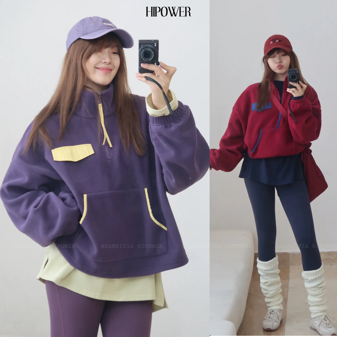 HIPOWER【摇粒绒】运动卫衣保暖秋冬外套头撞色半拉链长袖上衣女