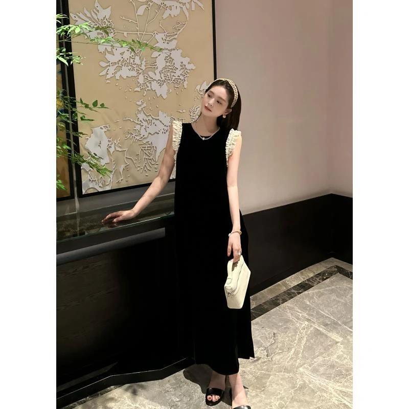 R123202W法式裙子夏季不褪色小黑裙街头风连衣裙插肩袖背心裙