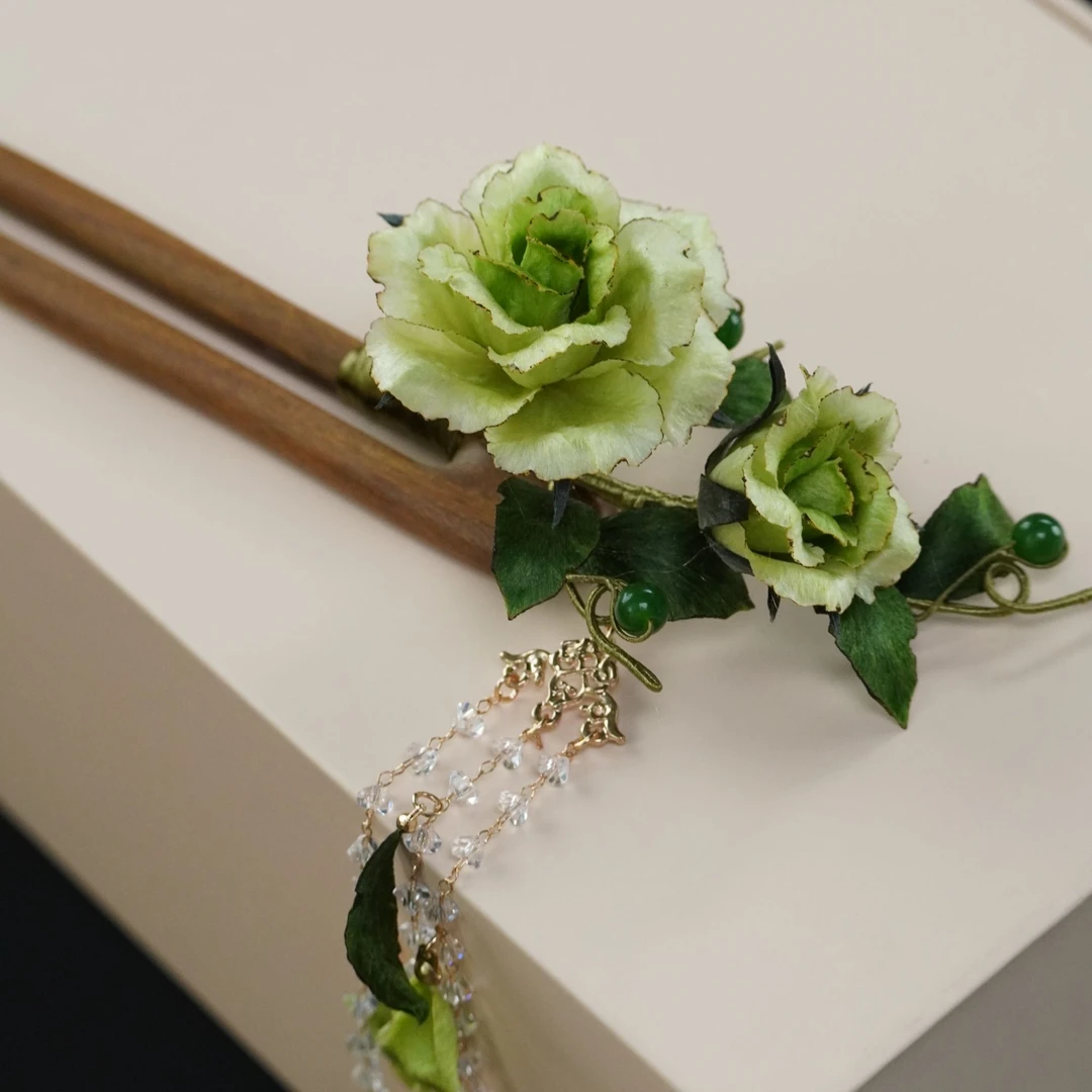 绿色烧边玫瑰小款木u非遗绒花南京绒花国风旗袍发簪新中式复古