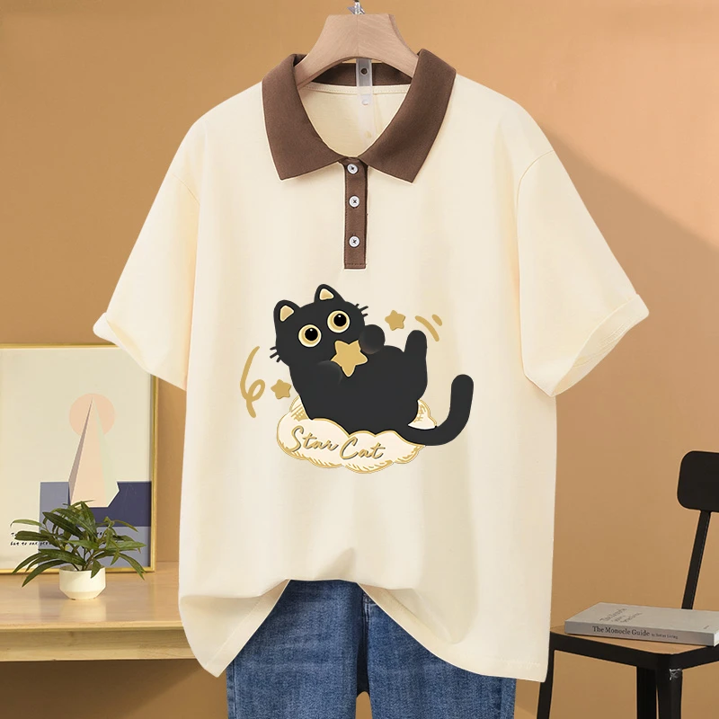 oversize宽松胖mm夏季polo领纯棉短袖t恤女休闲百搭显瘦遮肚上衣