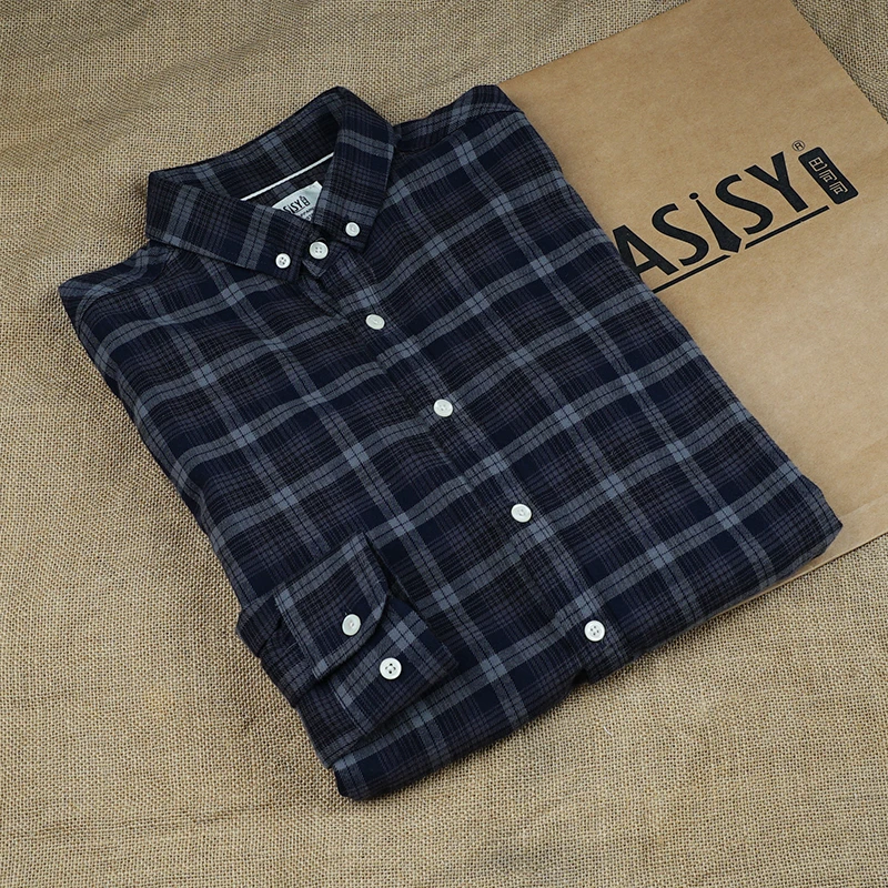 巴司司衬衫法兰绒灰密格衬衫男长袖纯棉休闲方格磨毛衬衣380