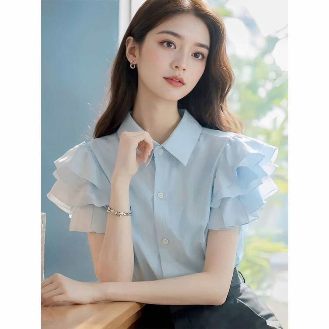 小个子洋气减龄漂亮粉色荷叶袖衬衫女夏季2025年新款小众设计上衣