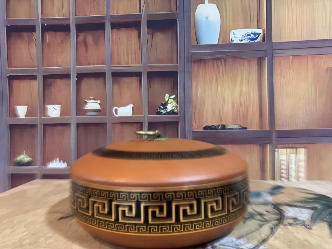 紫砂金铜纹茶叶罐2167带盖密封防潮大号