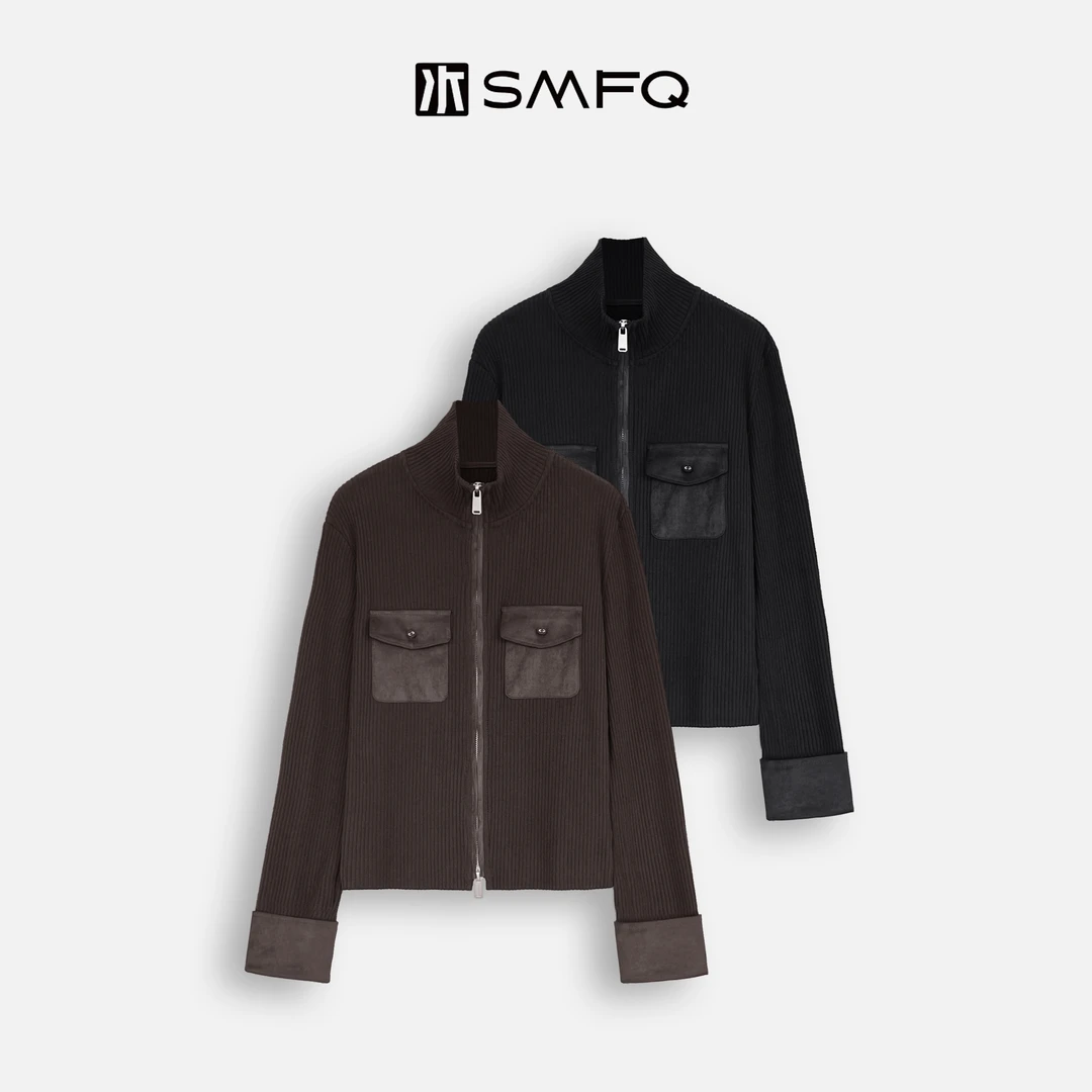 水木夫妻 “率性回归”口袋拼接复古撞色拉链针织毛衣开衫