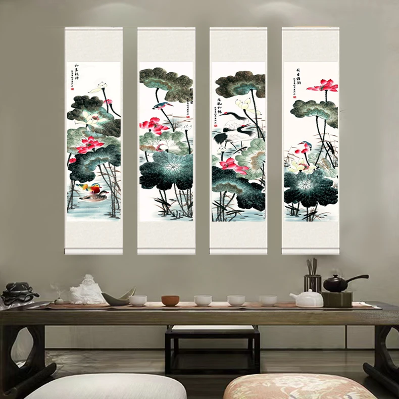 四条屏《荷花》大气新中式背景墙竖幅挂画国风山水画靠山图装饰画H3