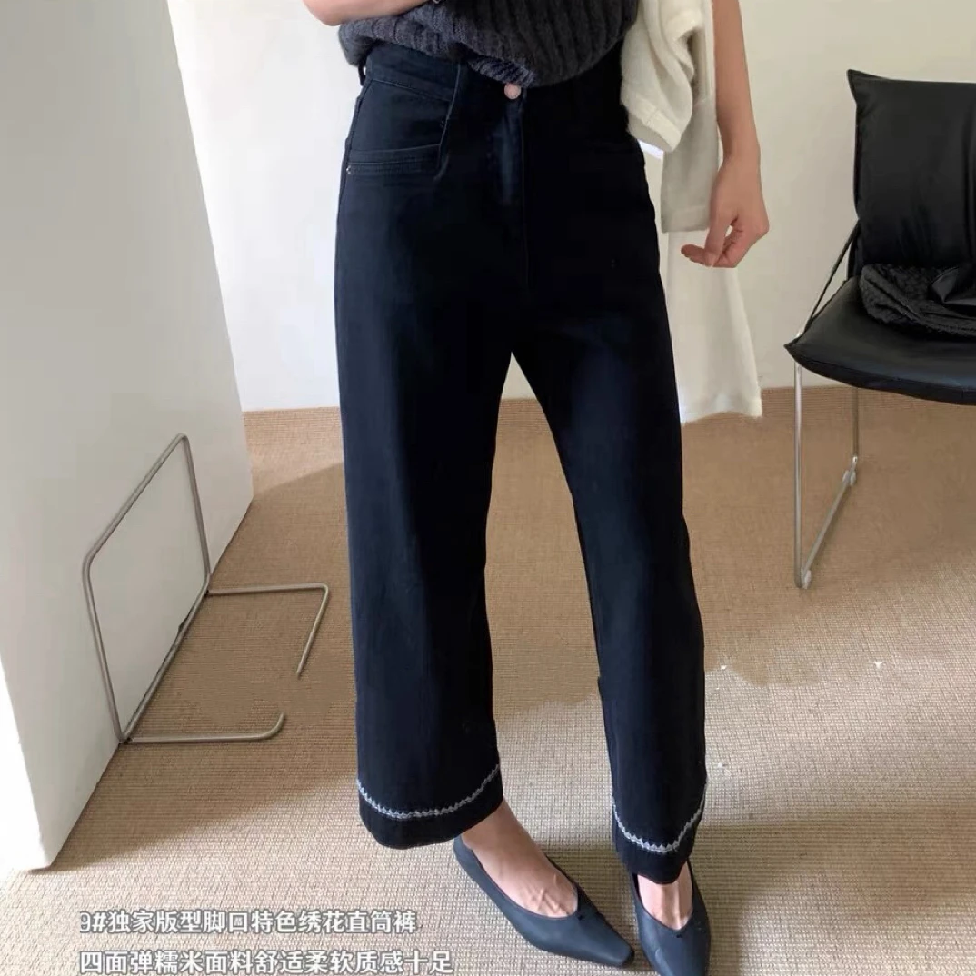 5816 九分烟管裤黑色百搭牛仔裤女显瘦遮肉春秋款