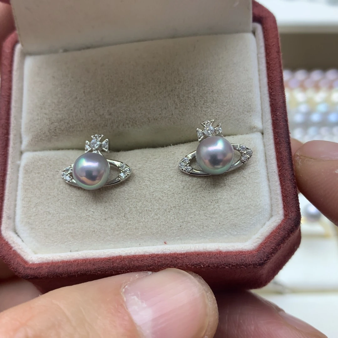 海水珍珠耳饰银S925镶嵌6-6.5真多麻设计款耳钉