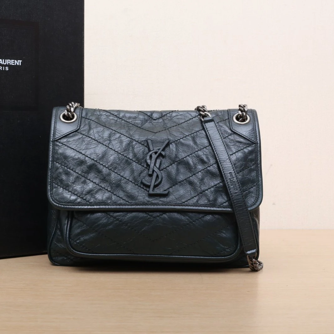 95新 YSL/圣罗兰 【娇】Niki中号28墨绿色皮革C 094196