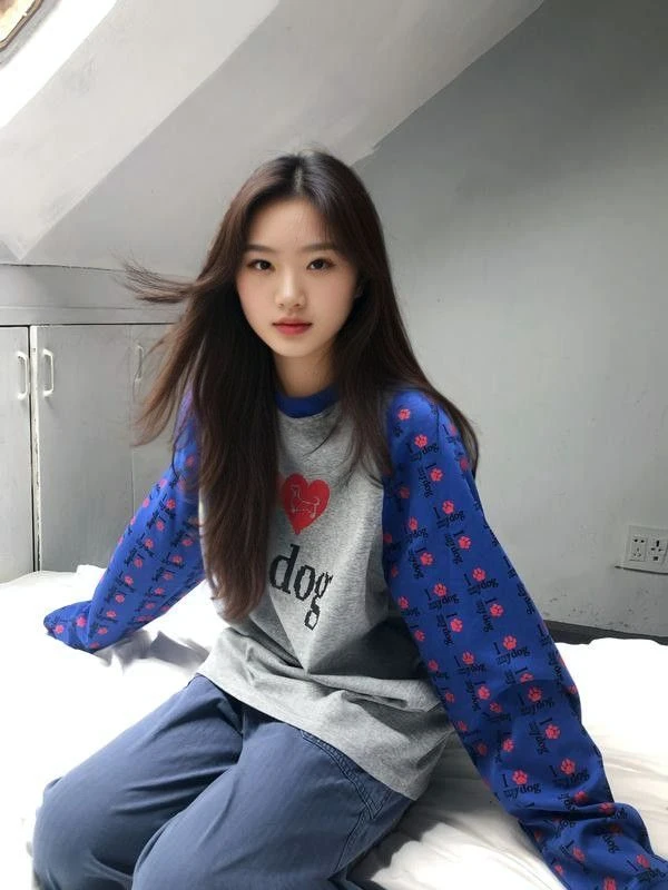 美式复古狗狗印花插肩长袖t恤女春秋休闲宽松慵懒ins设计感上衣