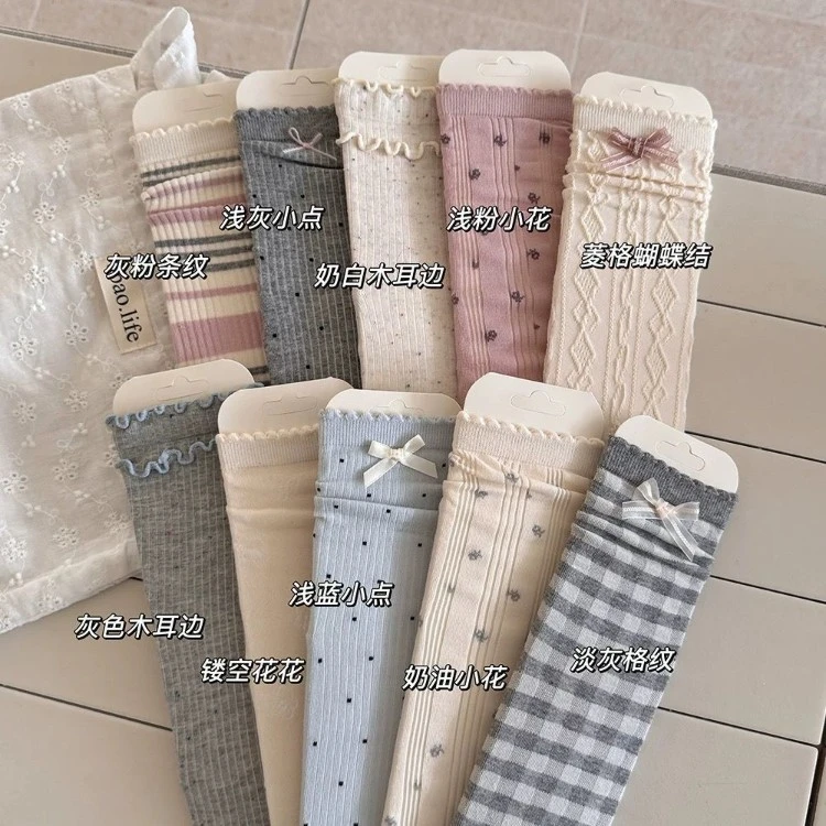 蝴蝶结miu系袜子女中筒袜春夏季薄款芭蕾风灰蓝色甜美百搭堆堆袜
