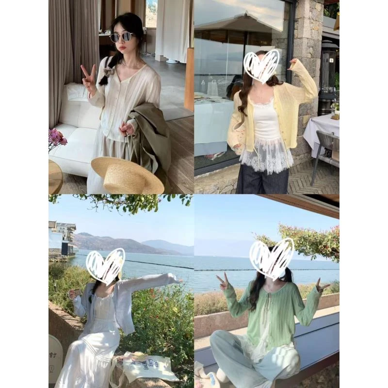 韩系简约镂空系带长袖针织空调衫女装夏季防晒显瘦薄款宽松上衣