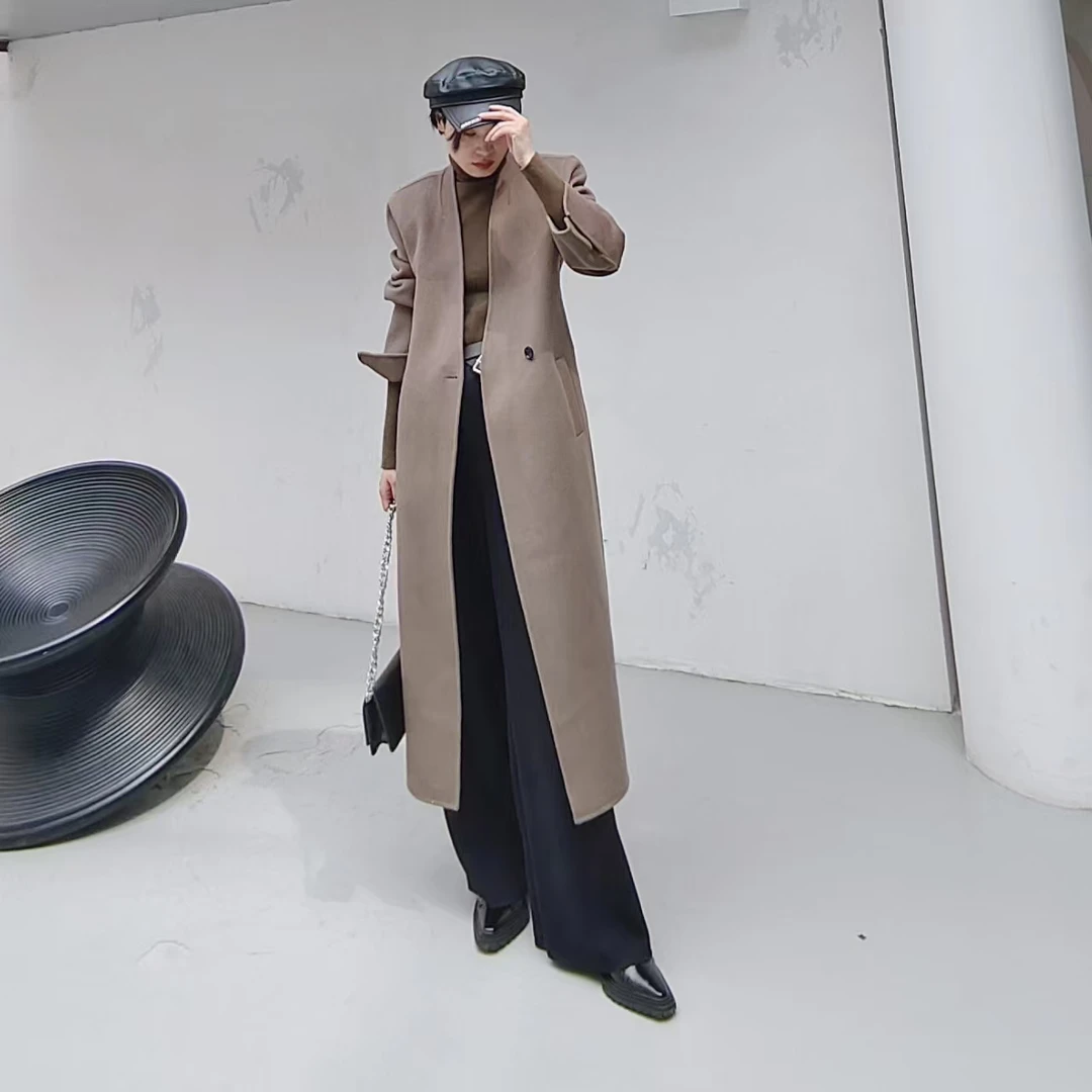 开叉长袖纯色长款毛呢外套外套毛呢冬季气质秋冬呢大衣双面呢