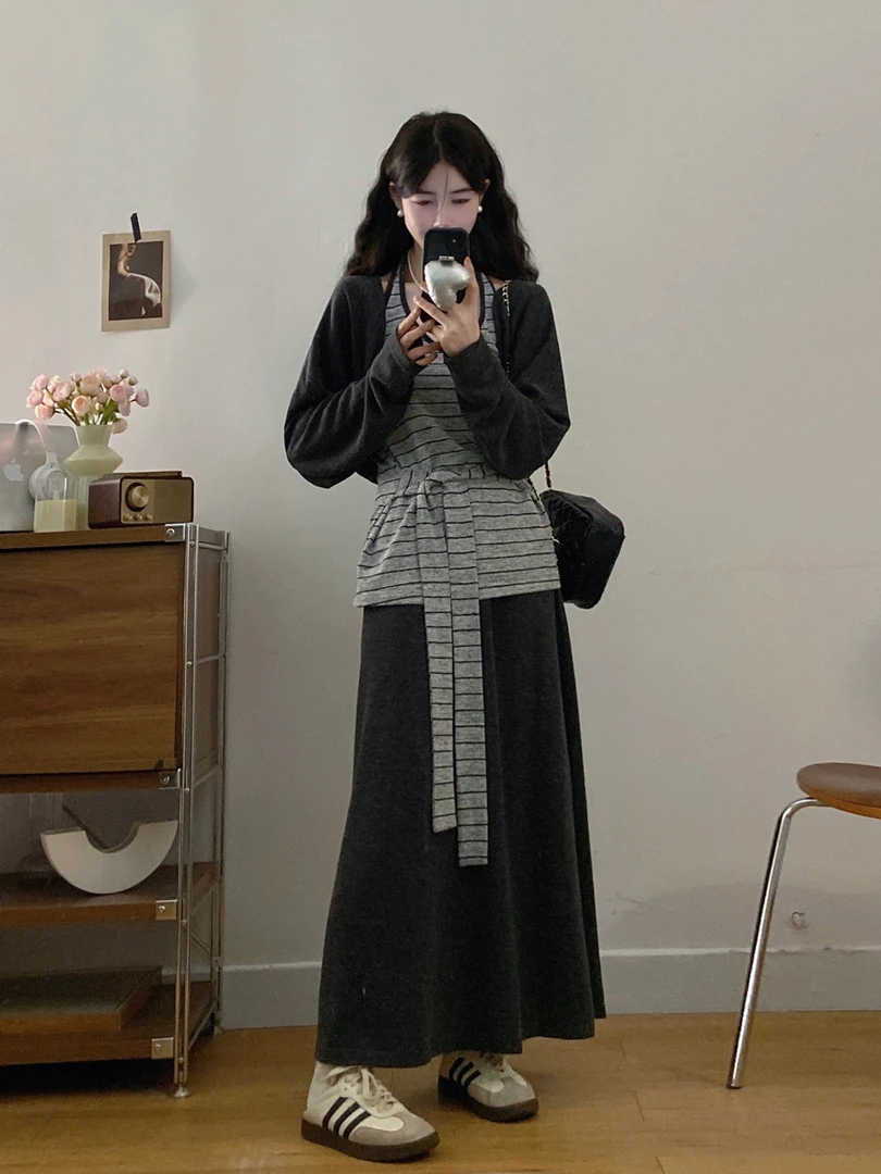 大码女装秋季慵懒风开衫条纹挂脖绑带背心+高腰显瘦半身裙三件套