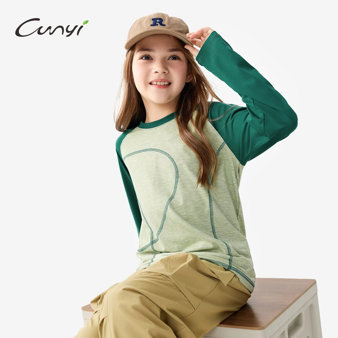 纯一良品童装女童长袖T恤2025秋季新品中大童透气撞色插肩袖上衣