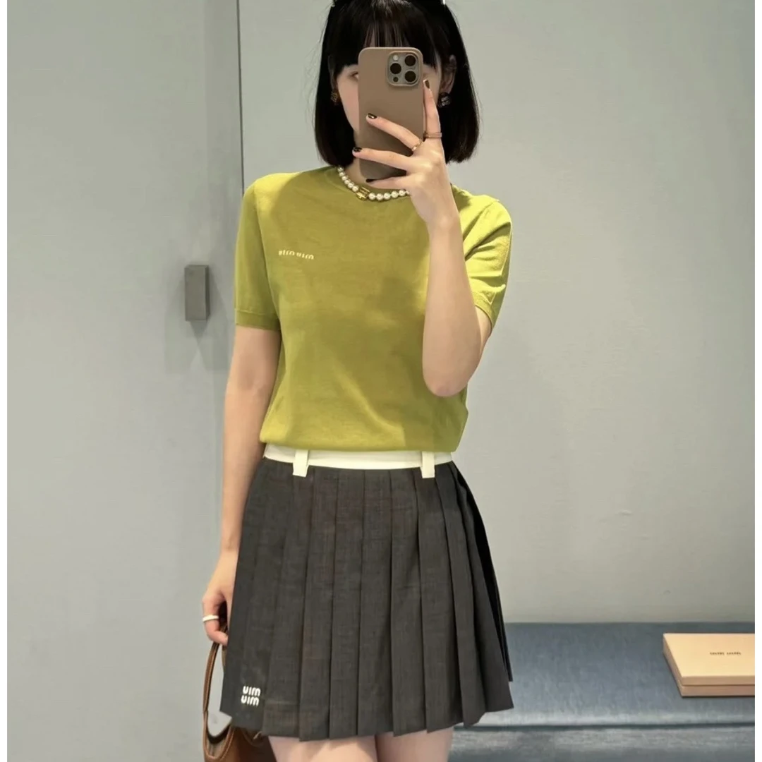 99新 MIU MIU/缪缪 au117/字母牛油果绿短袖上衣 38码 羊绒