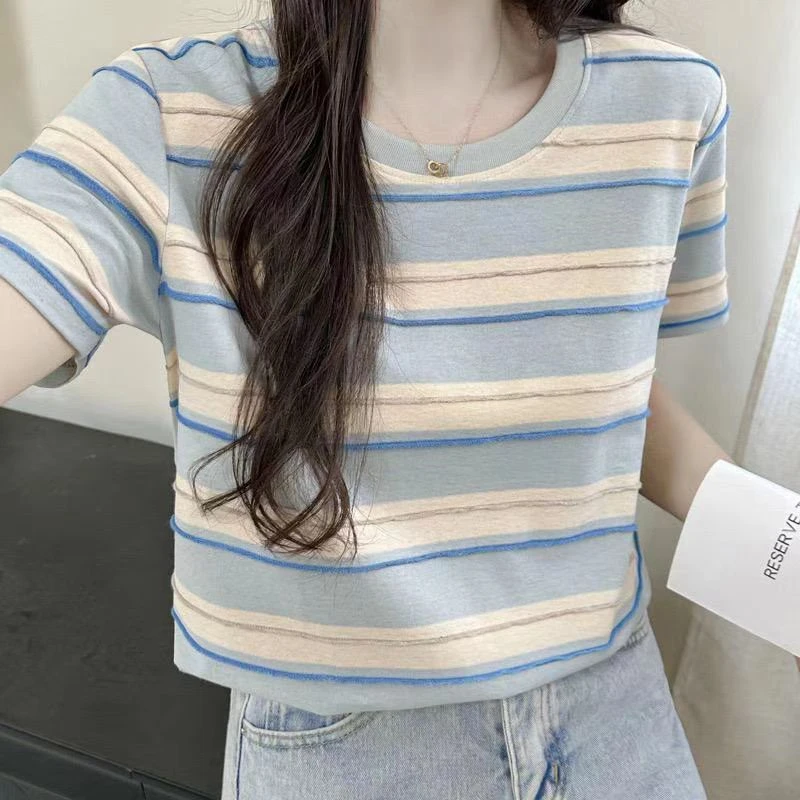 温柔气质撞色条纹T恤女小清新减龄显瘦短袖设计感小众上衣V9828