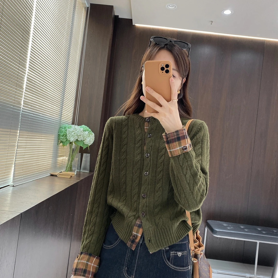 IMFLY金小金自制女装 羊毛衫DYW9910秋季格子假两件拼接针织开衫