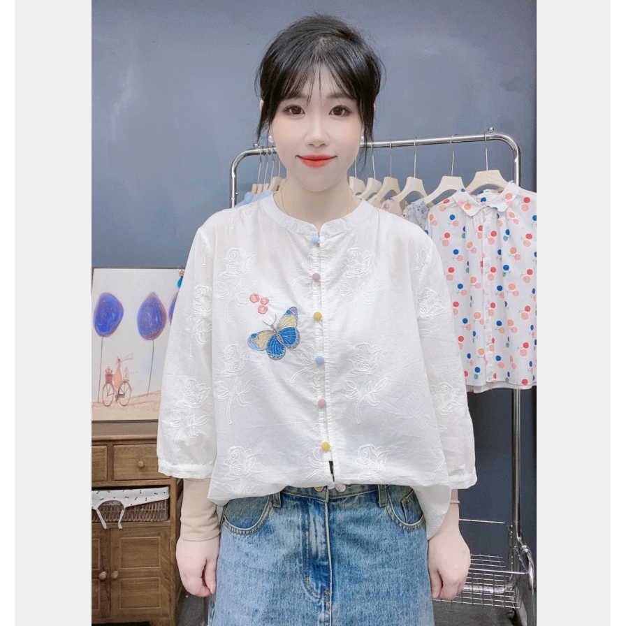 新中式国风衬衣 立领重工提花蝴蝶花刺绣宽松百搭中袖衬衫女