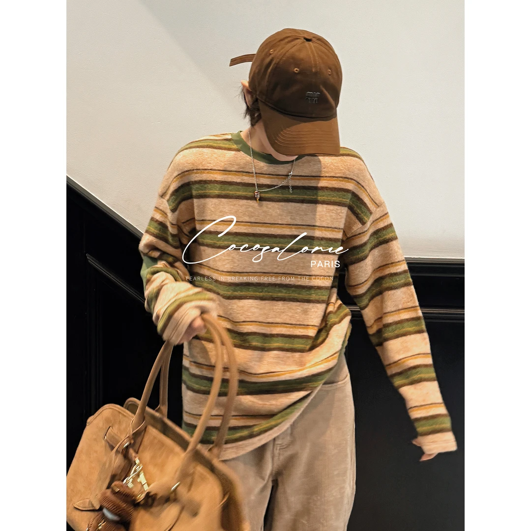 韩彬彬"条纹定律"复古撞色条纹补丁慵懒风圆领长袖打底衫女939W-8