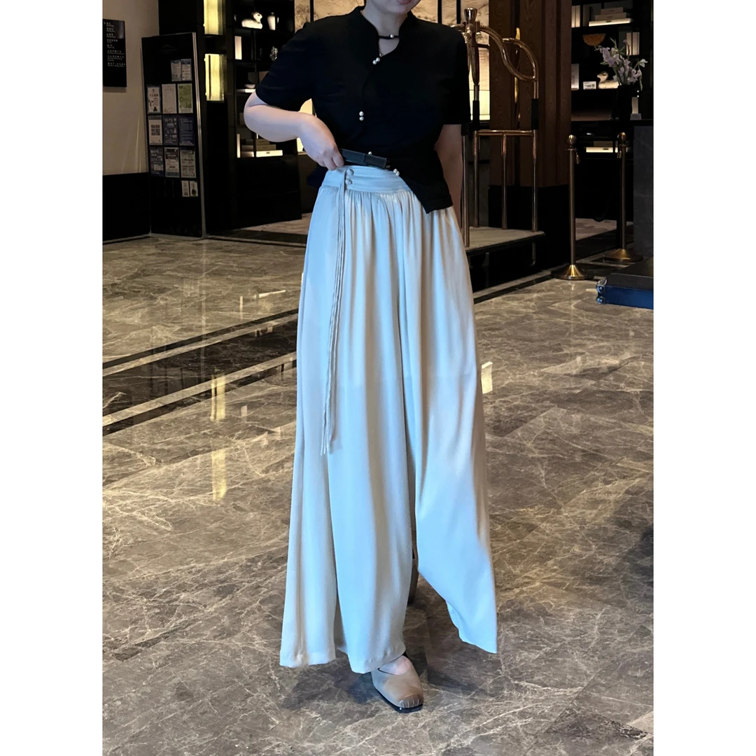 晶咕【清水芙蓉】新中式宽松高腰气质显瘦垂感设计师长款裙裤