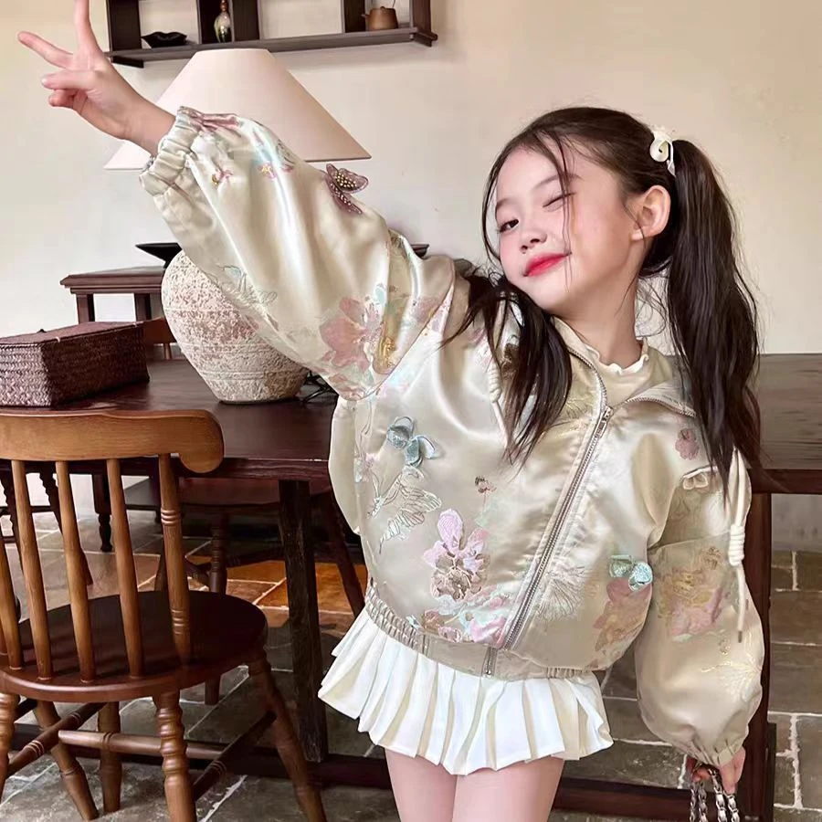 童装女童2025新款宽松连帽外套春季新款儿童宝宝提花国风棒球服