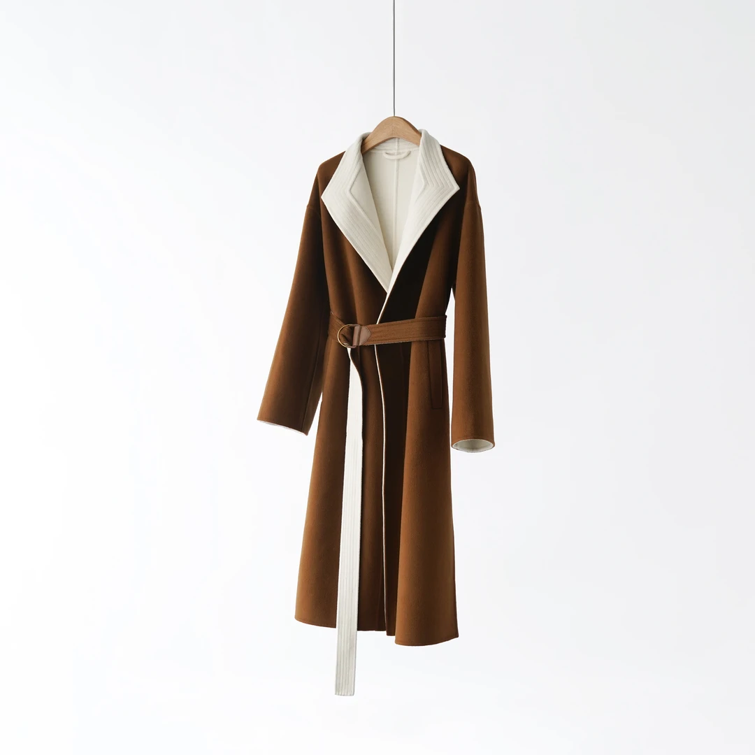 【YS12111】13.5微米重磅100%双面山羊绒撞色收腰系带毛呢大衣新品