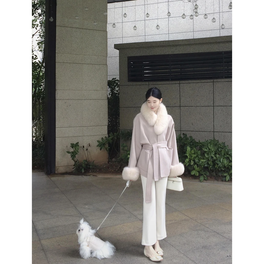 轻奢气质高级感仿狐狸毛拼接毛呢外套女2025新款保暖宽松呢子大衣