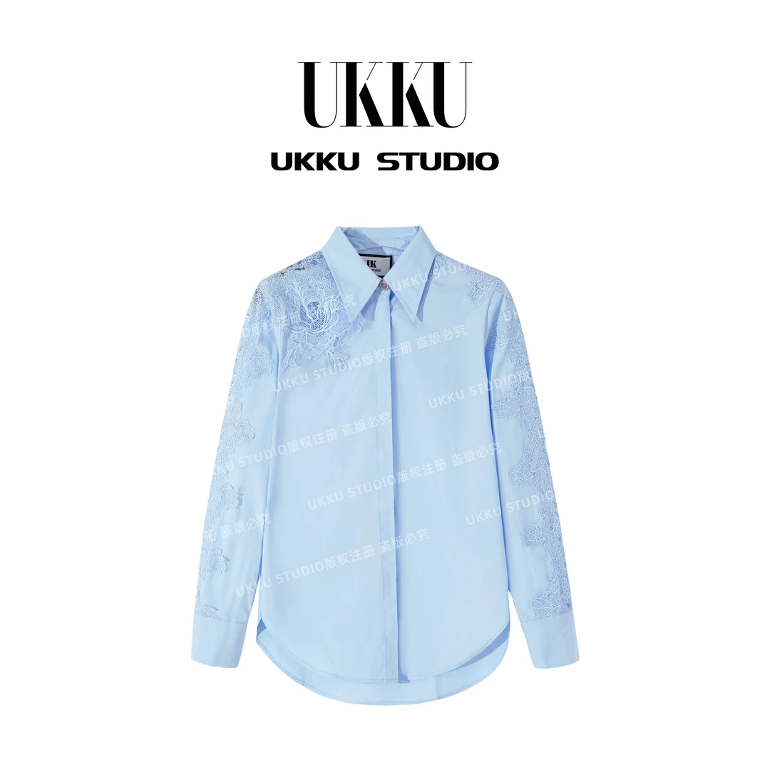 ZJ【UKKUSTUDIO】小众设计感时尚蕾丝拼接长袖百搭衬衫615271