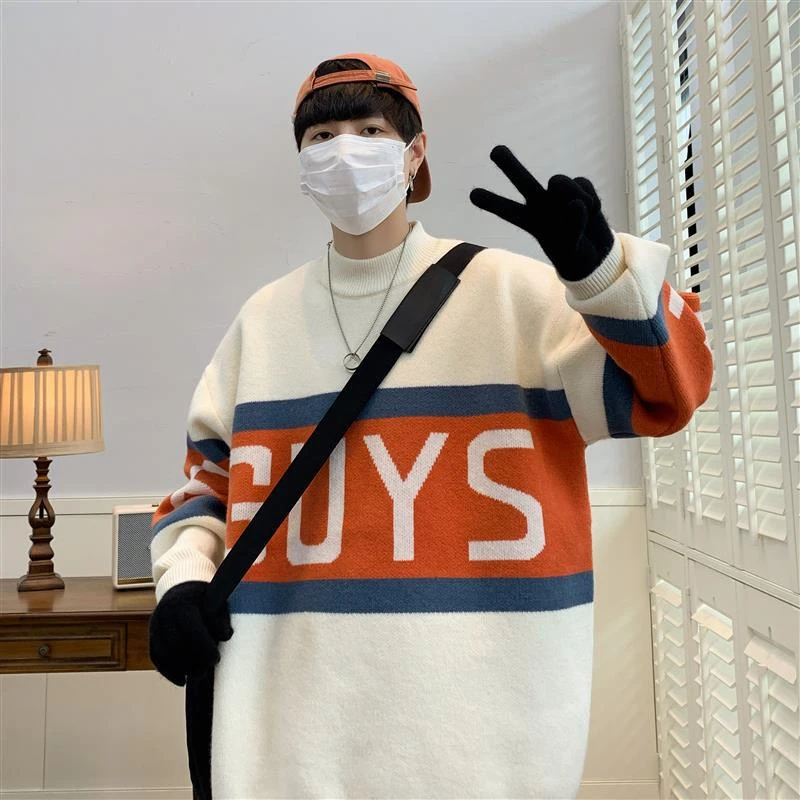 慵懒风半高领毛衣男高街秋冬季新款线衣韩版慵懒风宽松长领打底衫