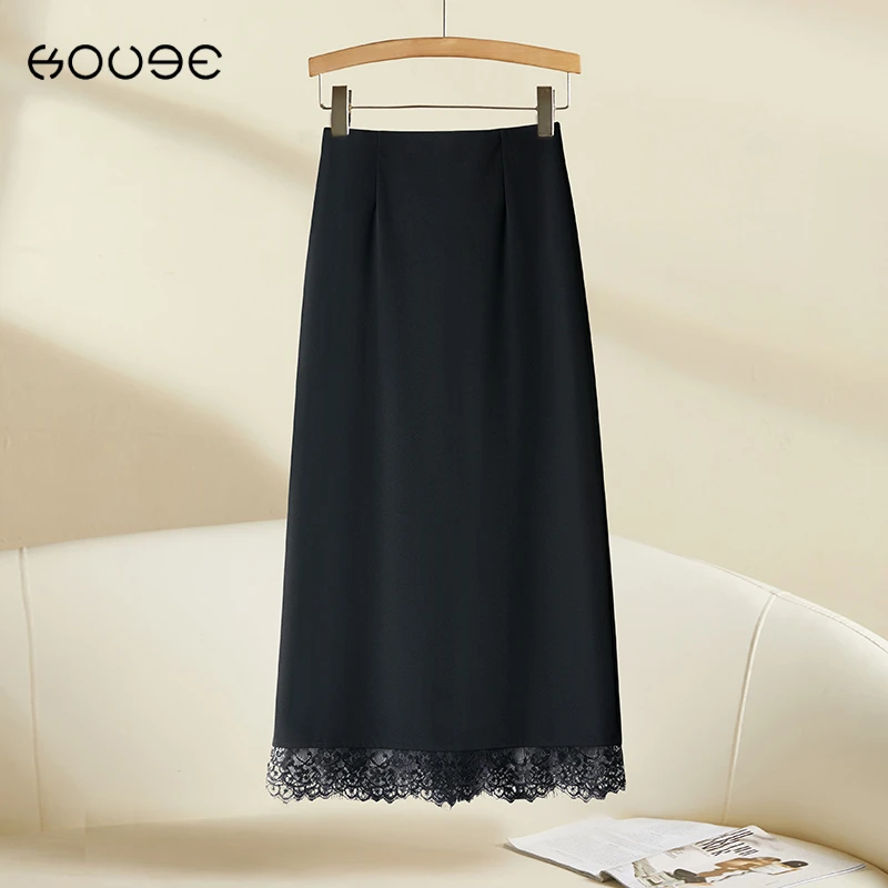 黑色蕾丝拼接西装半身裙女2025新款春季高腰直筒中长款开叉包臀裙