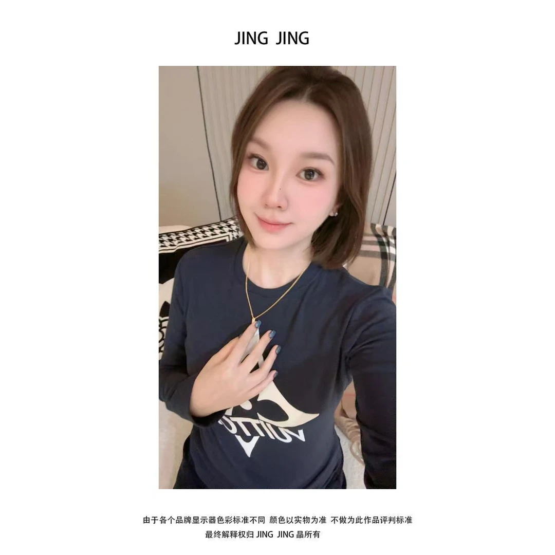 JING JING推荐【vv花花胸前字母印花长袖打底T恤】2025早秋新款长袖