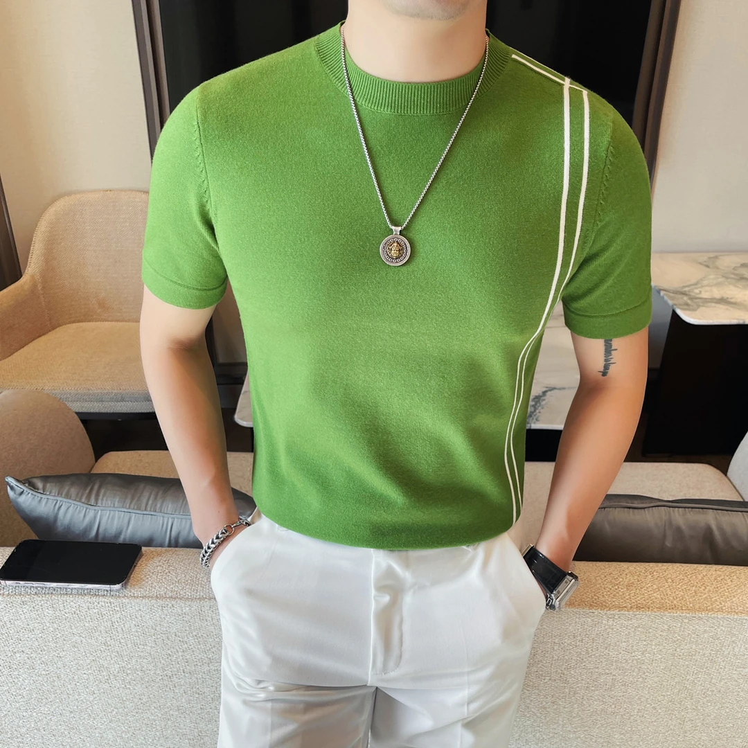 时尚休闲百搭夏季薄款圆领针织短袖体恤男士春夏新款半袖针织衫