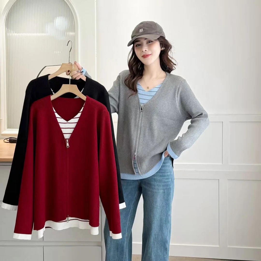 JUNJIE大码女装撞色假两件显瘦V领假两件针织衫春装新款