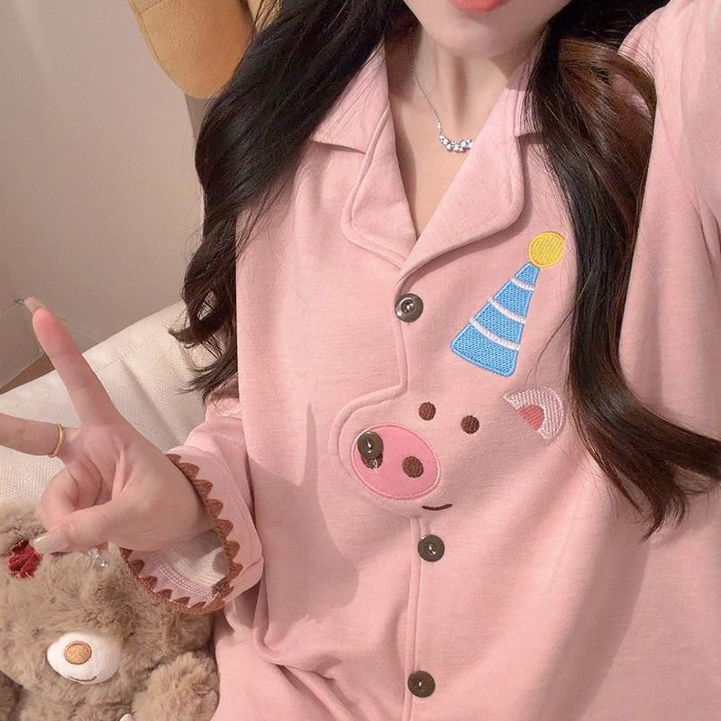 粉粉快乐猪睡衣女秋冬季绵羊绒长袖长裤加厚保暖少女心家居服套装