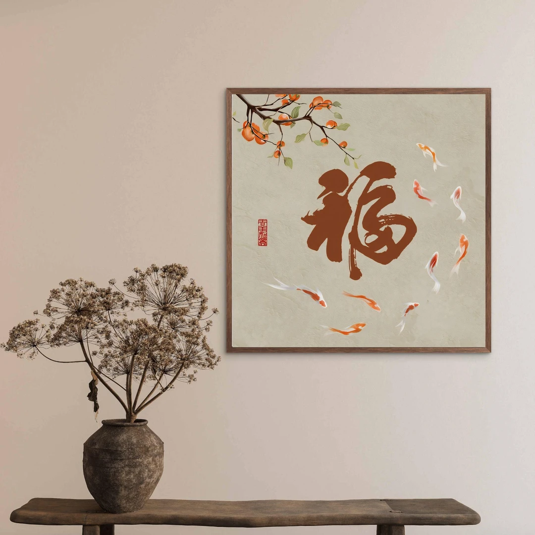 295-50*50新中式柿柿如意九鱼福字方形挂画客厅餐厅玄关装饰画